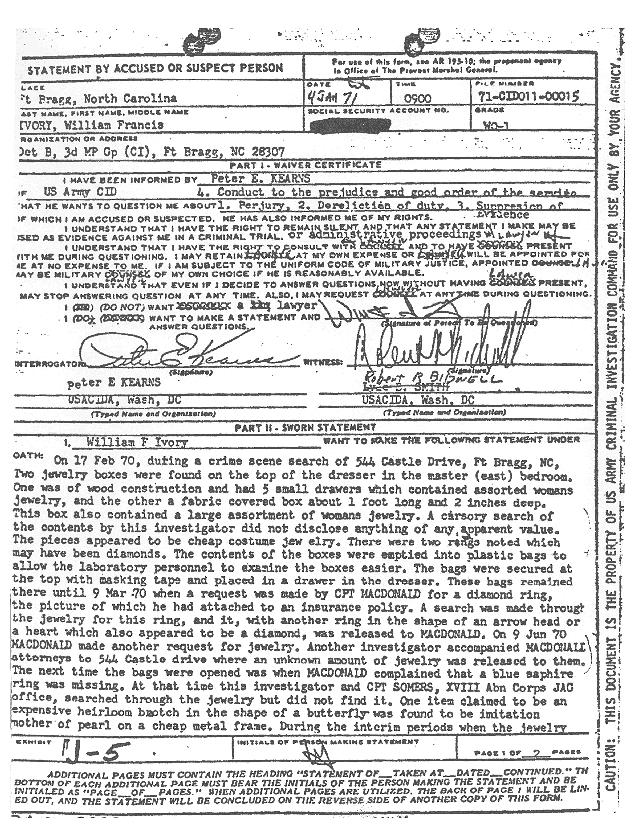 January 4, 1971: Statement of William Ivory re: jewelry in the MacDonald home,  p. 1 of 2