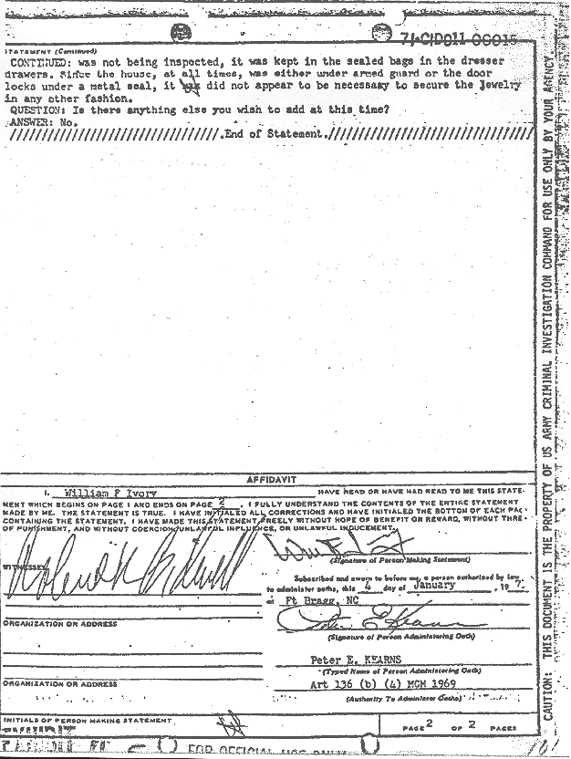 January 4, 1971: Statement of William Ivory re: jewelry in the MacDonald home,  p. 2 of 2