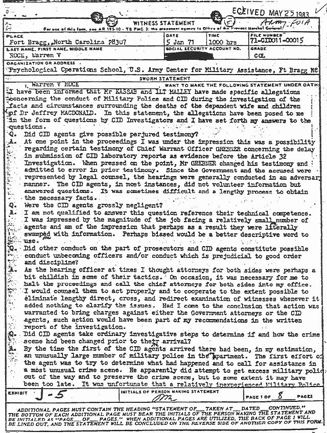January 5, 1971: Statement of Col. Warren Rock, p. 1 of 8