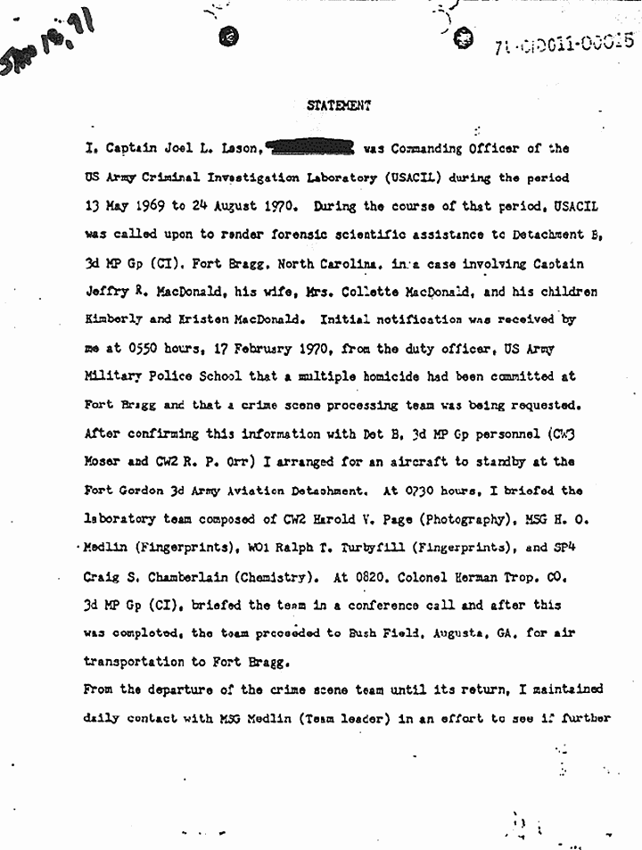 January 15, 1971: USACIL Report FA-D-P-C-FP-82-70: Letter from Cpt. Joel Leson (Commanding Officer, USACIL) to USA Criminal Investigation Division Agency (USACIDA) re: review of report, p. 1 of 3