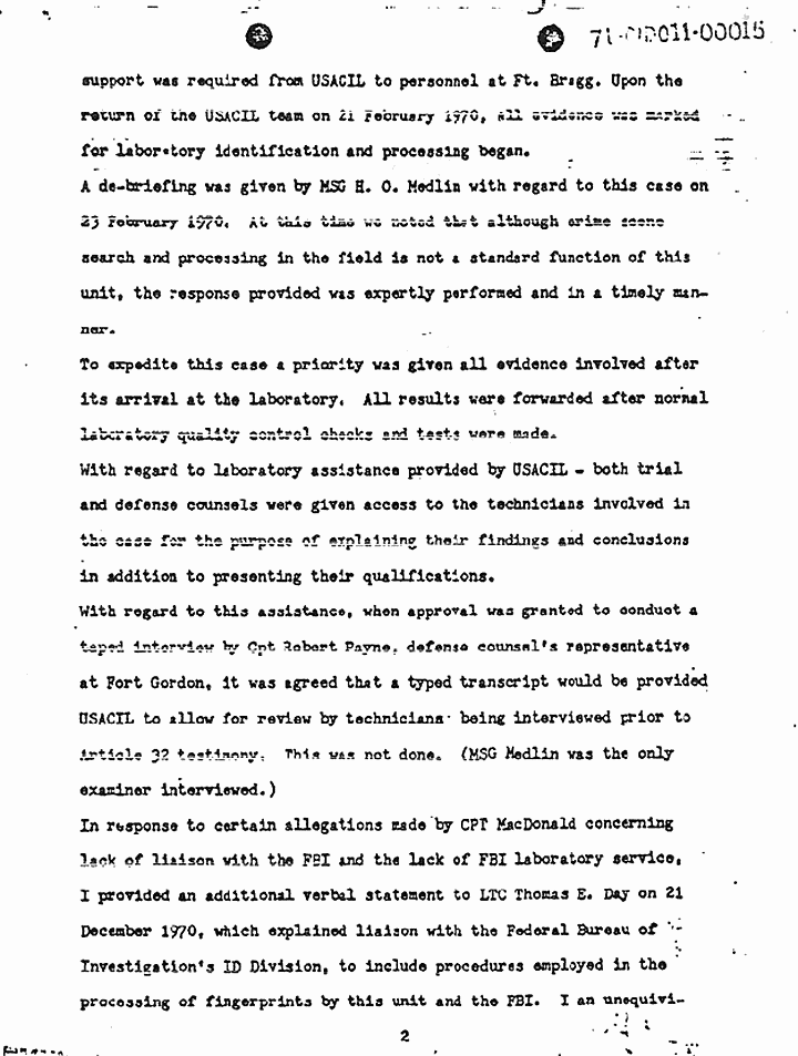 January 15, 1971: USACIL Report FA-D-P-C-FP-82-70: Letter from Cpt. Joel Leson (Commanding Officer, USACIL) to USA Criminal Investigation Division Agency (USACIDA) re: review of report, p. 2 of 3