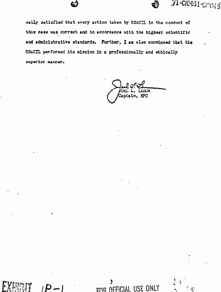 January 15, 1971: USACIL Report FA-D-P-C-FP-82-70: Letter from Cpt. Joel Leson (Commanding Officer, USACIL) to USA Criminal Investigation Division Agency (USACIDA) re: review of report, p. 3 of 3