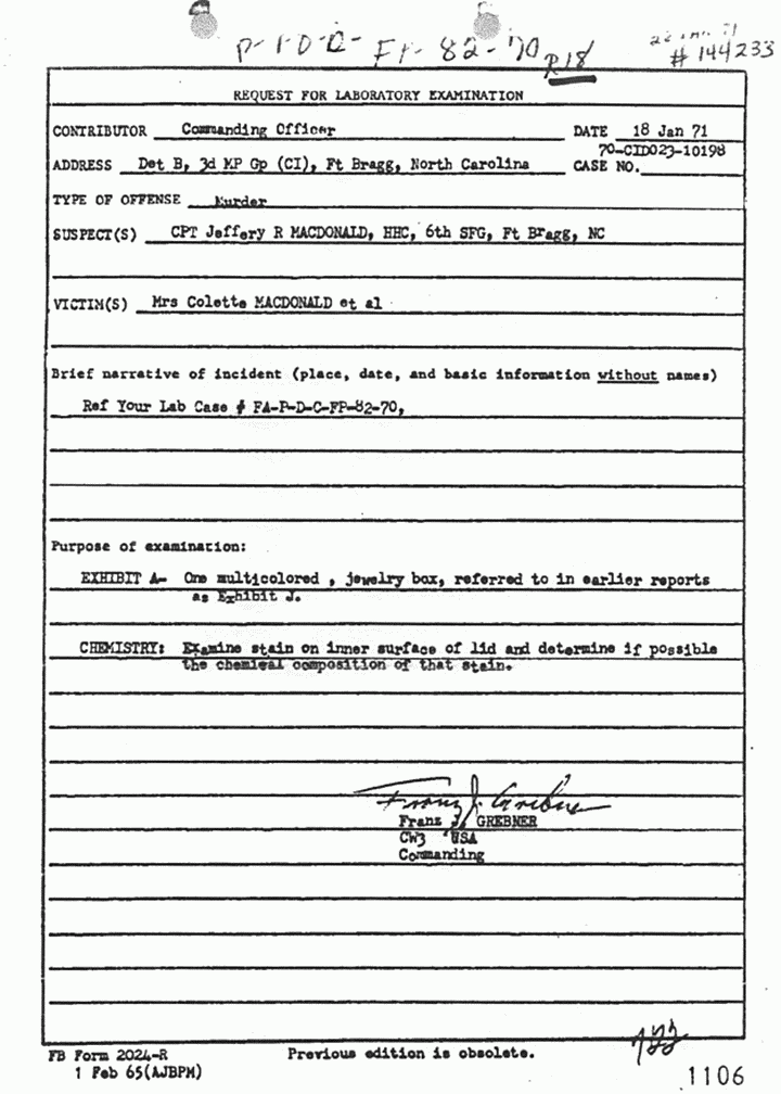 January 18, 1971: Request for Laboratory Examination re: USACIL Report P-FA-D-FP-82-70-R18