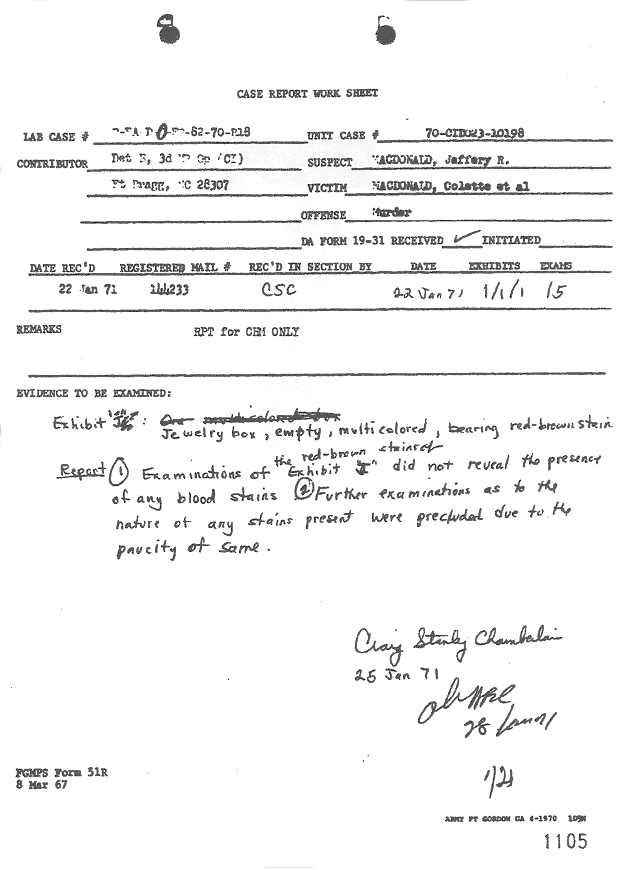 January 25, 1971: Work sheet of Craig Chamberlain (CID) re: USACIL Report P-FA-D-FP-82-70-R18 January 25, 1971: Work sheet of Craig Chamberlain (CID) re: USACIL Report P-FA-D-FP-82-70-R18