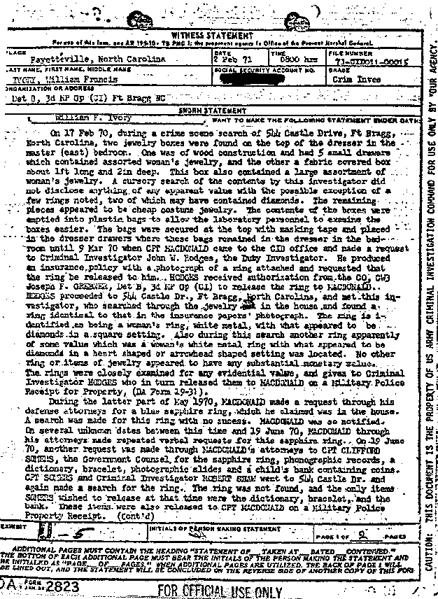 February 2, 1971: Statement of William Ivory re: MacDonald's claims of missing jewelry,  p. 1 of 2