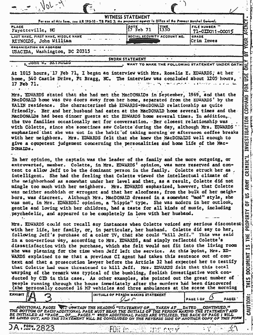 February 17, 1971: Statement of John Reynolds re: Feb. 17, 1971 interview of Rosalie Edwards, p. 1 of 5