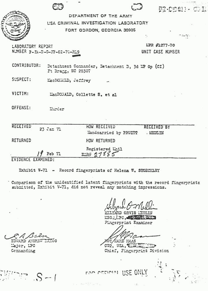 February 19, 1971: USACIL Report P-FA-D-C-FP-82-70-R19