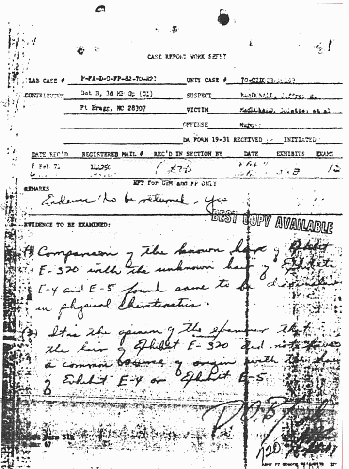Feb. 8, 1971: Work sheet of Dillard Browning (CID) re: USACIL Report P-FA-D-C-FP-82-70-R21,  p. 1 of 2