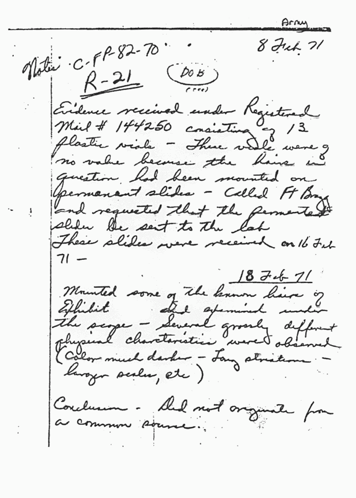 Feb. 8 and Feb. 18, 1971: Work sheet of Dillard Browning (CID) re: USACIL Report P-FA-D-C-FP-82-70-R21,  p. 2 of 2