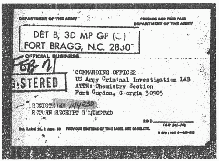 Feb. 21, 1971: Mailing slip re: USACIL Report P-FA-D-C-FP-82-70-R21