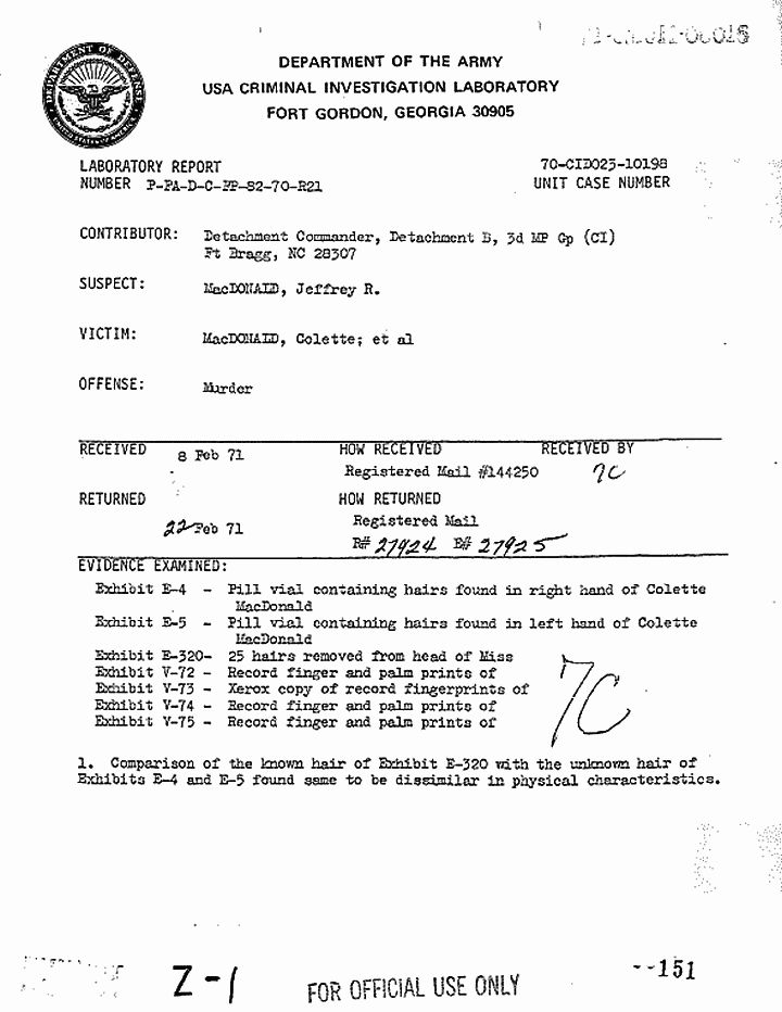 February 22, 1971: USACIL Report P-FA-D-C-FP-82-70-R21,  p. 1 of 2 February 22, 1971: USACIL Report P-FA-D-C-FP-82-70-R21,  p. 1 of 2