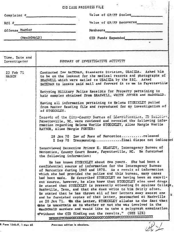 February 23, 1971: Case Progress File re: Helena Stoeckley and William Posey, p. 3 of 3