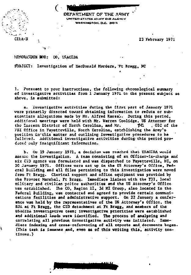 February 23, 1971: Col. Jack Pruett's report re: Investigation of the MacDonald murders, p. 1 of 5