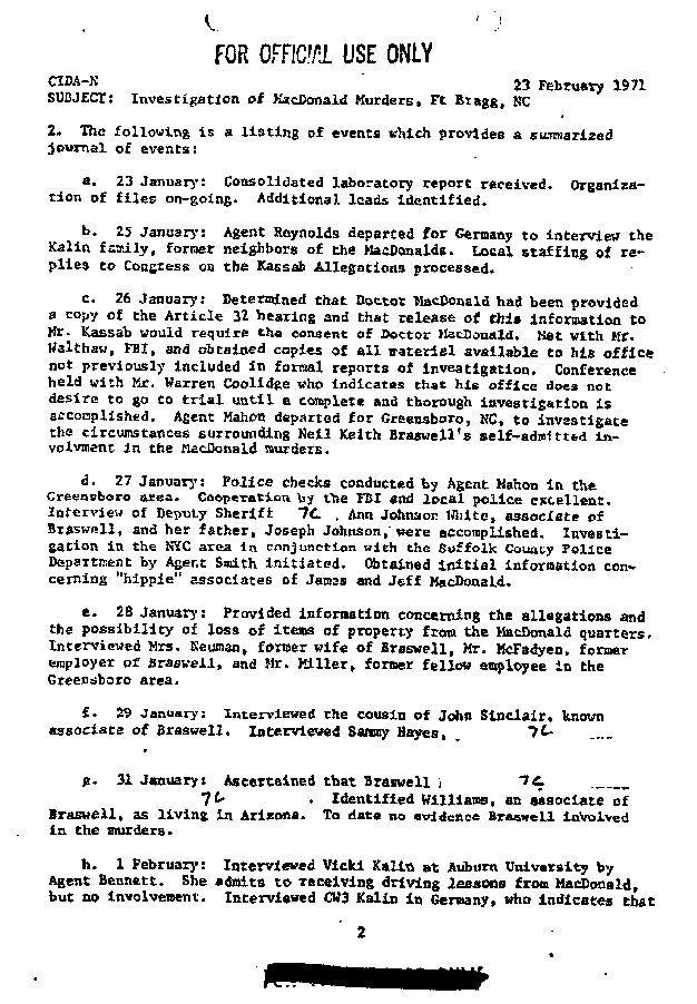 February 23, 1971: Col. Jack Pruett's report re: Investigation of the MacDonald murders, p. 2 of 5