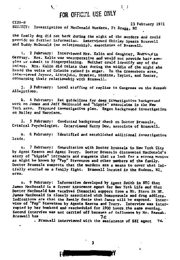 February 23, 1971: Col. Jack Pruett's report re: Investigation of the MacDonald murders, p. 3 of 5