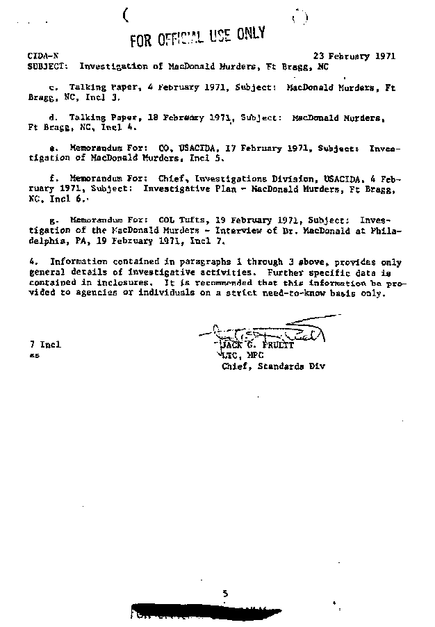 February 23, 1971: Col. Jack Pruett's report re: Investigation of the MacDonald murders, p. 5 of 5