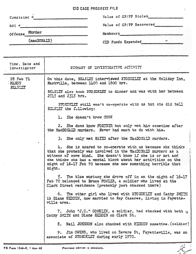 February 28, 1971: Case Progress File re: Helena Stoeckley