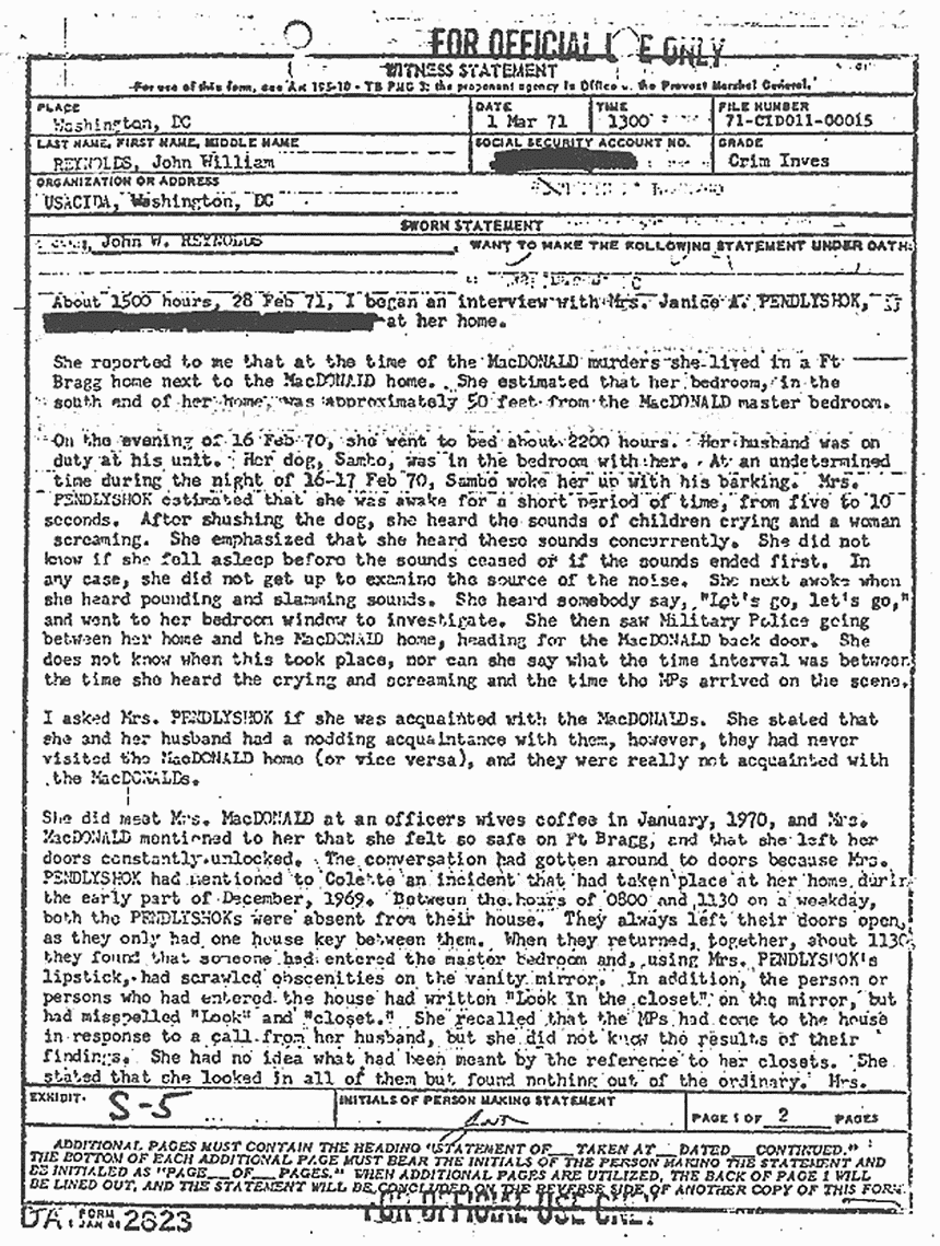 March 1, 1971: Statement of John Reynolds re: Feb. 28, 1971 interview of Janice Pendlyshok, p. 1 of 2