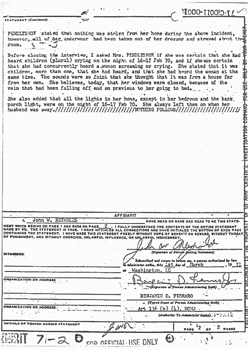 March 1, 1971: Statement of John Reynolds re: Feb. 28, 1971 interview of Janice Pendlyshok, p. 2 of 2