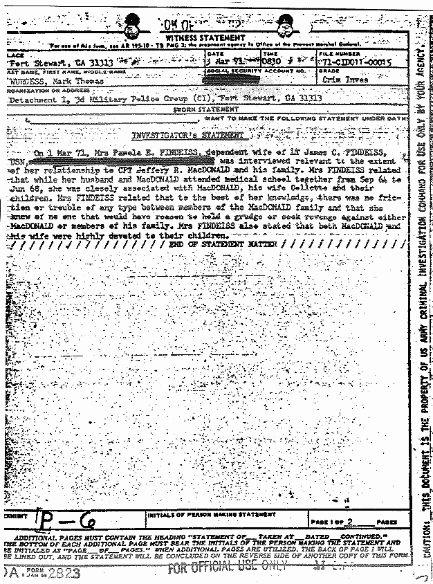 March 3, 1971: Statement of Mark Wurgess re: interview of Pamela Findeiss, p. 1 of 2