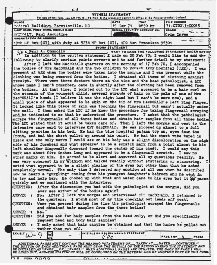 March 19, 1971: Statement of Paul Connolly re: MacDonald's condition on Feb. 17, 1970, p. 1 of 3