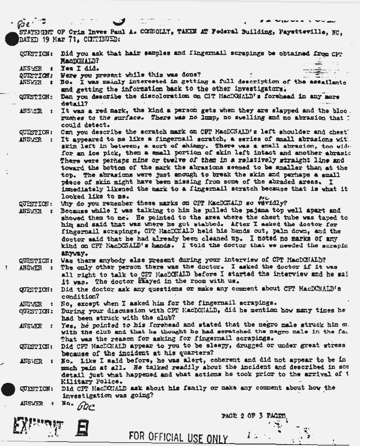 March 19, 1971: Statement of Paul Connolly re: MacDonald's condition on Feb. 17, 1970, p. 2 of 3