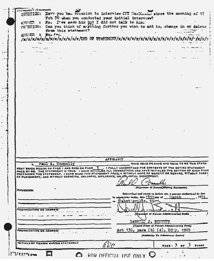 March 19, 1971: Statement of Paul Connolly re: MacDonald's condition on Feb. 17, 1970, p. 3 of 3