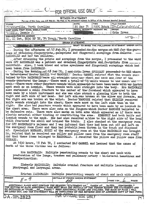 March 20, 1971: Statement of Bennie Hawkins re: Wounds, Ron Harrison, Kimberley MacDonald, and Dec. 6, 1969 Jump Party, p. 1 of 6