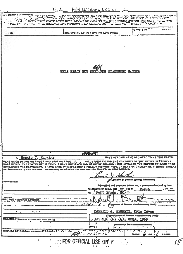 March 20, 1971: Statement of Bennie Hawkins re: Wounds, Ron Harrison, Kimberley MacDonald, and Dec. 6, 1969 Jump Party, p. 6 of 6