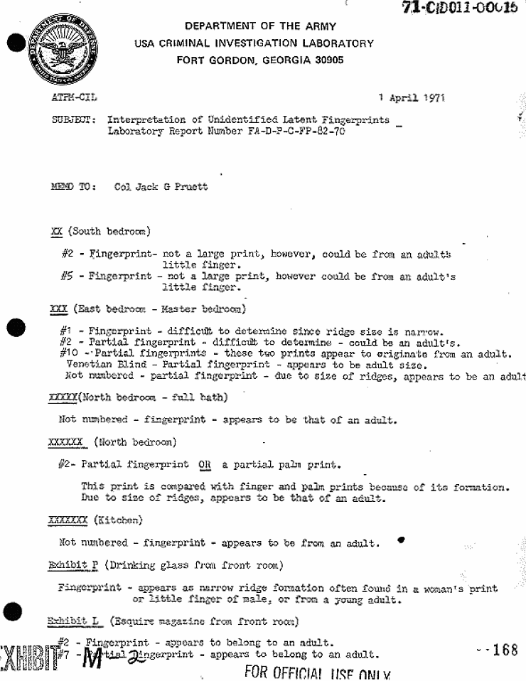 April 1, 1971: USACIL Report FA-D-P-C-FP-82-70: Memo to Col Jack Pruett re: Interpretation of Unidentified Latent Fingerprints, p. 1 of 2