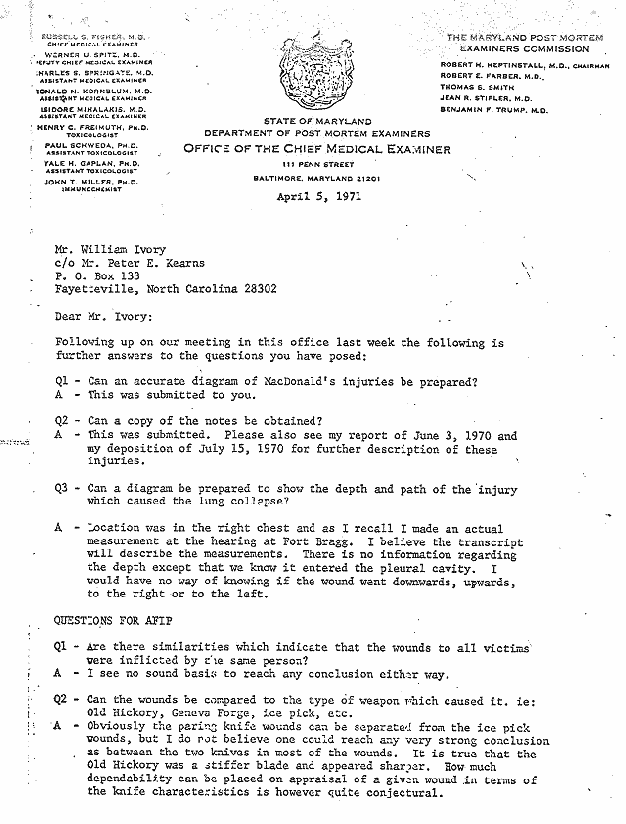 April 5, 1971: Letter from Dr. Russell Fisher to William Ivory re: clarifications, p. 1 of 5