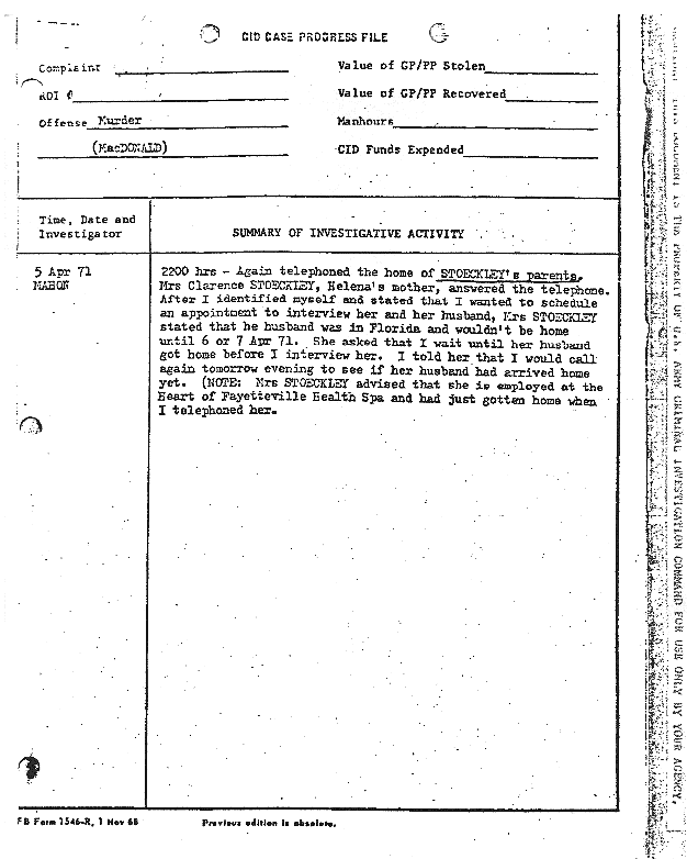 April 5, 1971: Case Progress File re: contacting Mr. and Mrs. Clarence Stoeckley