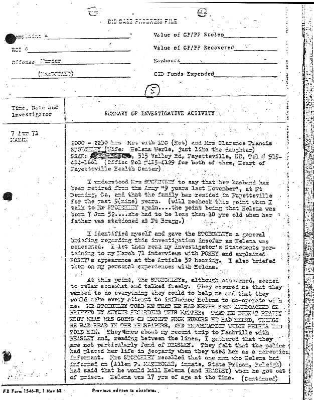 April 7, 1971: Case Progress File re: contacting Mr. and Mrs. Clarence Stoeckley, p. 1 of 4