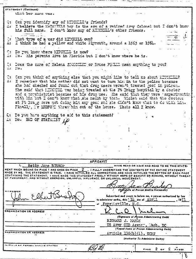 April 13, 1971: Statement of Betty Jane Bishop re: Greg Mitchell, p. 2 of 2