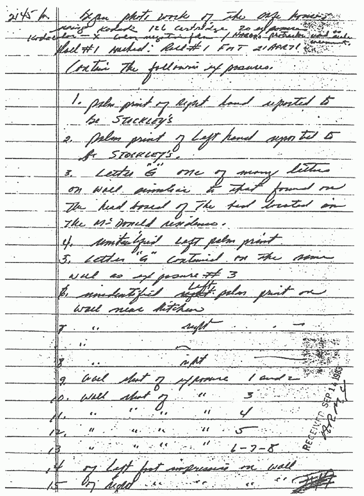 April 21, 1971: Notes re: photographs taken by Frank Toledo (CID) of prints found at 1910 Portland Avenue, Nashville, TN (Helena Stoeckley's apartment), p. 2 of 7 April 21, 1971: Notes re: photographs taken by Frank Toledo (CID) of prints found at 1910 Portland Avenue, Nashville, TN (Helena Stoeckley's apartment), p. 2 of 7