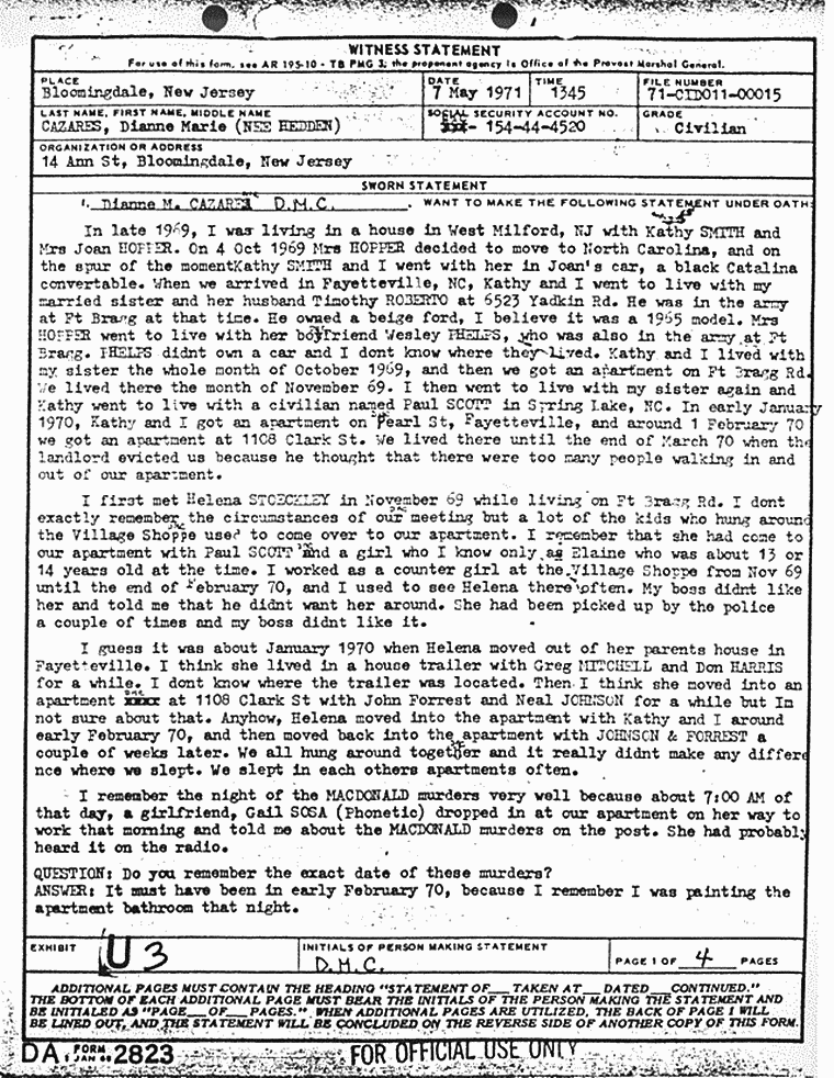 May 7, 1971: Statement of Dianne Cazares (nee Hedden), p. 1 of 4
