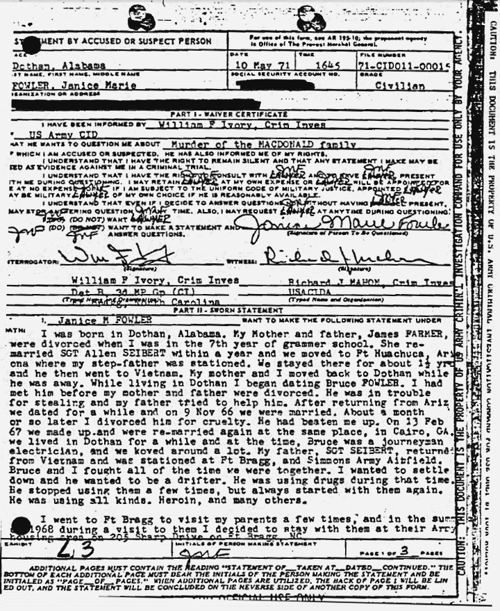 May 10, 1971: Statement of Janice Fowler, p. 1 of 3