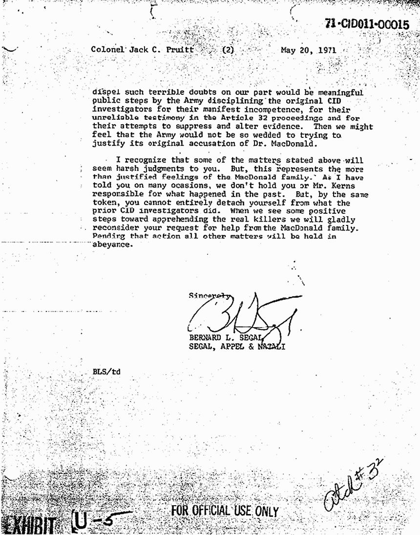 May 20, 1971: Letter from Bernard Segal to Colonel Jack Pruett, p. 2 of 2