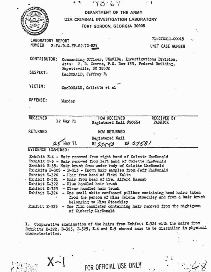 May 25, 1971: USACIL Report P-FA-D-C-FP-82-70-R25 re: Hair samples, p. 1 of 2
