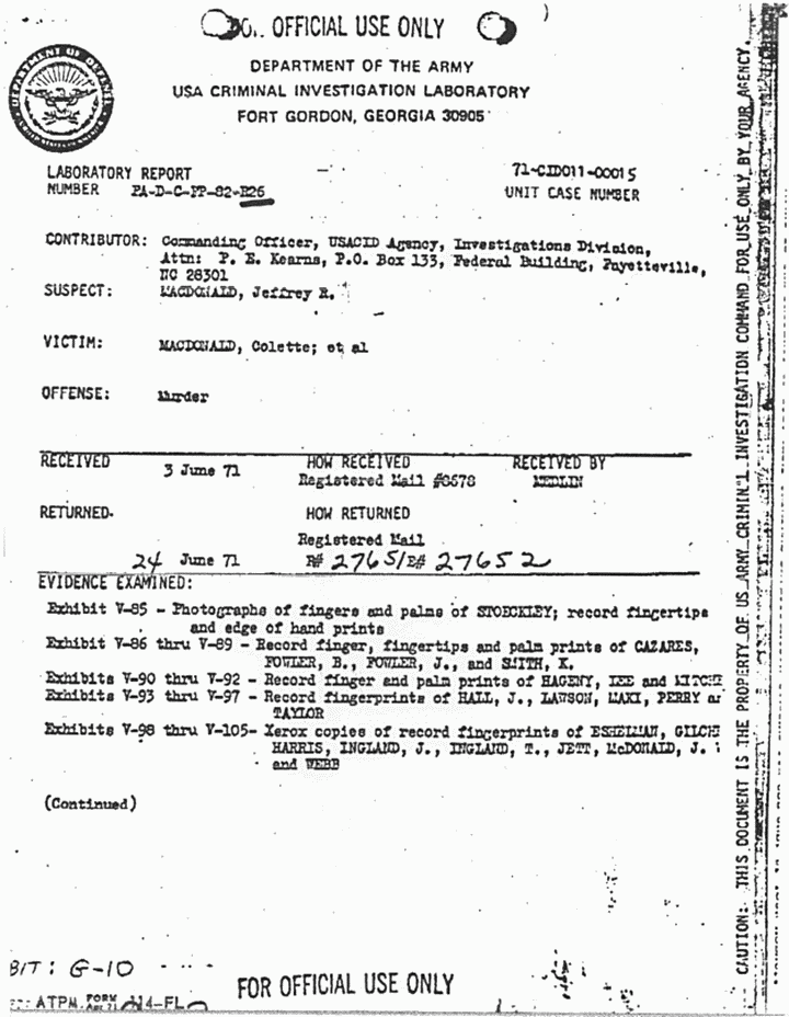 June 24, 1971: USACIL Report FA-D-C-FP-82-R26, p. 1 of 2