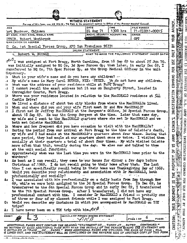 August 24, 1971: Statement of Robert Butner, p. 1 of 6