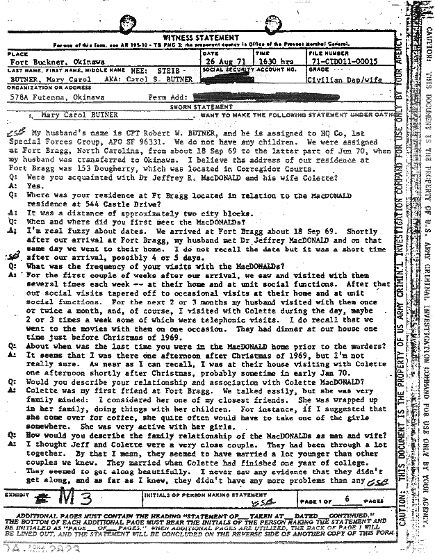 August 26, 1971: Statement of Mary Carol Butner, p. 1 of 6