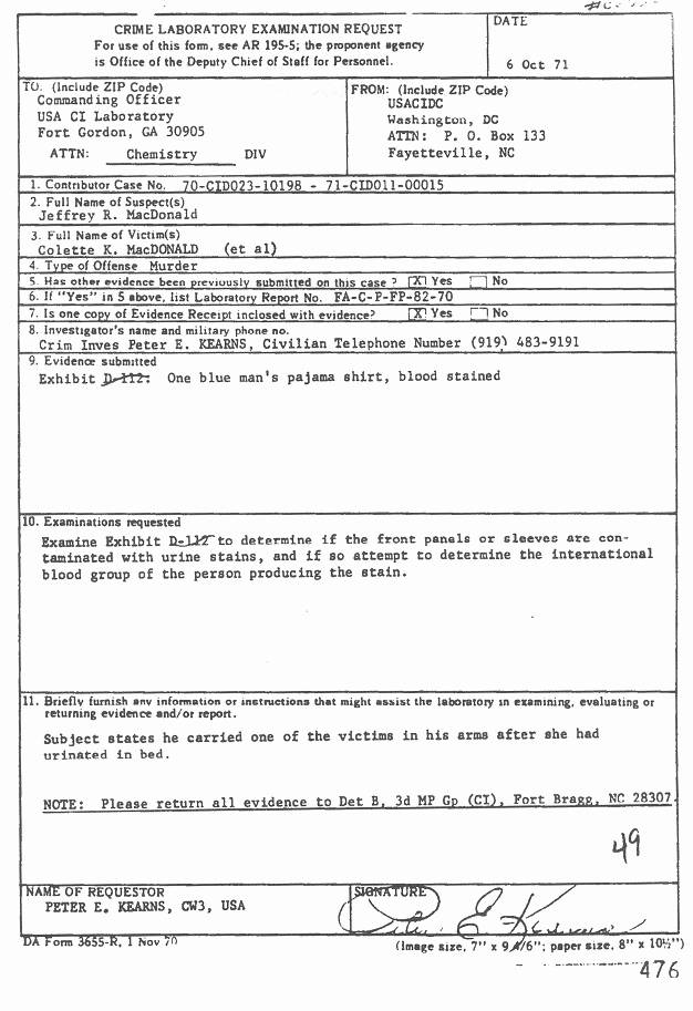 October 6, 1971: Request by Peter Kearns (CID) for Laboratory Examinatio re: urine testing of MacDonald's pajama top