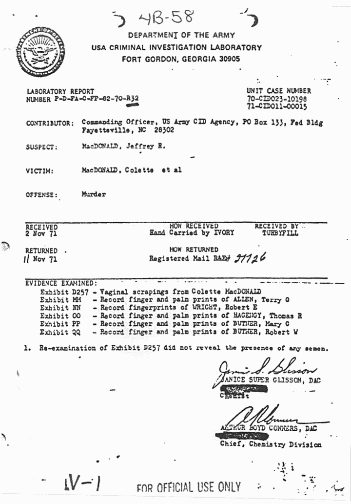 November 11, 1971: USACIL Report P-D-FA-C-FP-82-70-R32, p. 1 of 2