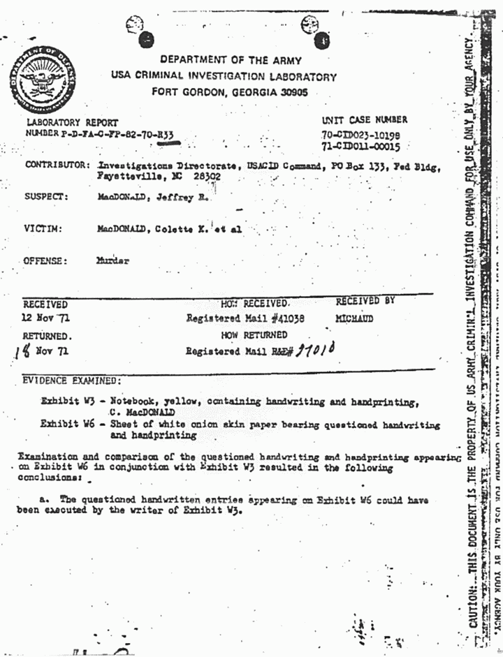 November 18, 1971: USACIL Report P-D-FA--C-FP-82-70-R33, p. 1 of 2 November 18, 1971: USACIL Report P-D-FA--C-FP-82-70-R33, p. 1 of 2
