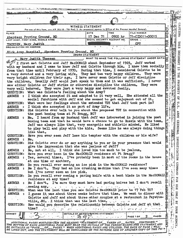 December 17, 1971: Statement of Mary Thoesen, p. 1 of 2