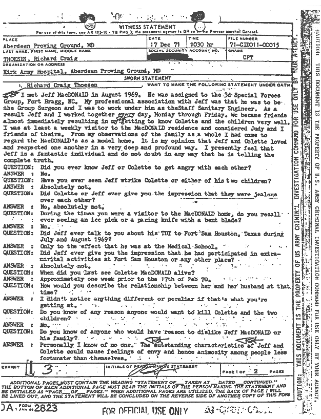 December 17, 1971: Statement of Richard Thoesen, p. 1 of 2