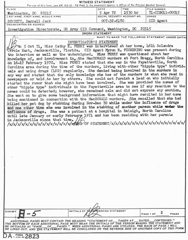 April 5, 1972: Statement of Jack Bennett re: Cathy Perry