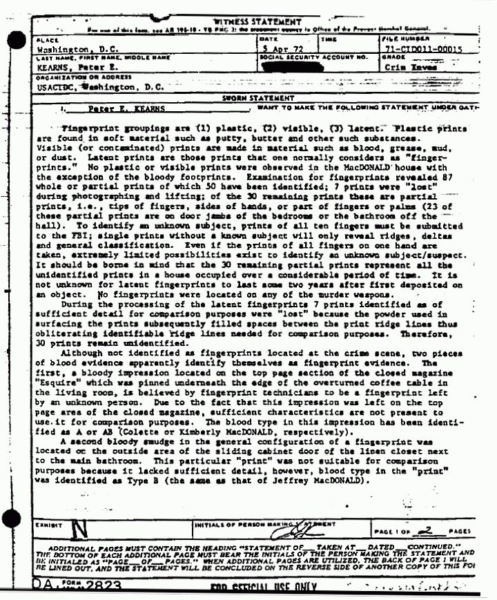 April 5, 1972: Statement of Peter Kearns re: fingerprints, p. 1 of 2