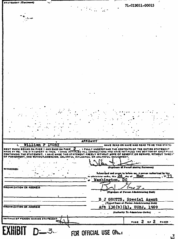 March 2, 1973: Statement of William Ivory re: his lab observations ca. Feb. 25, 1970, p. 2 of 2